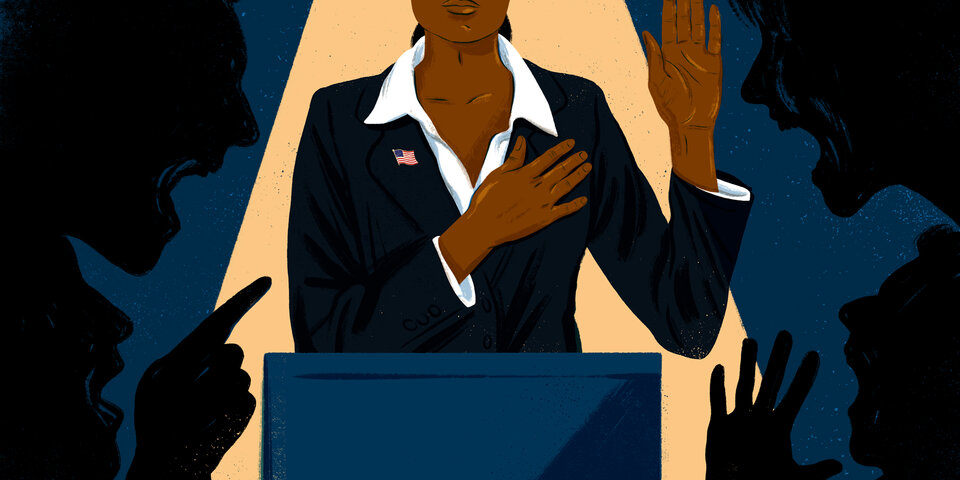 Illustration of an officeholder taking an oath of office surrounded by the silhouettes of people yelling.