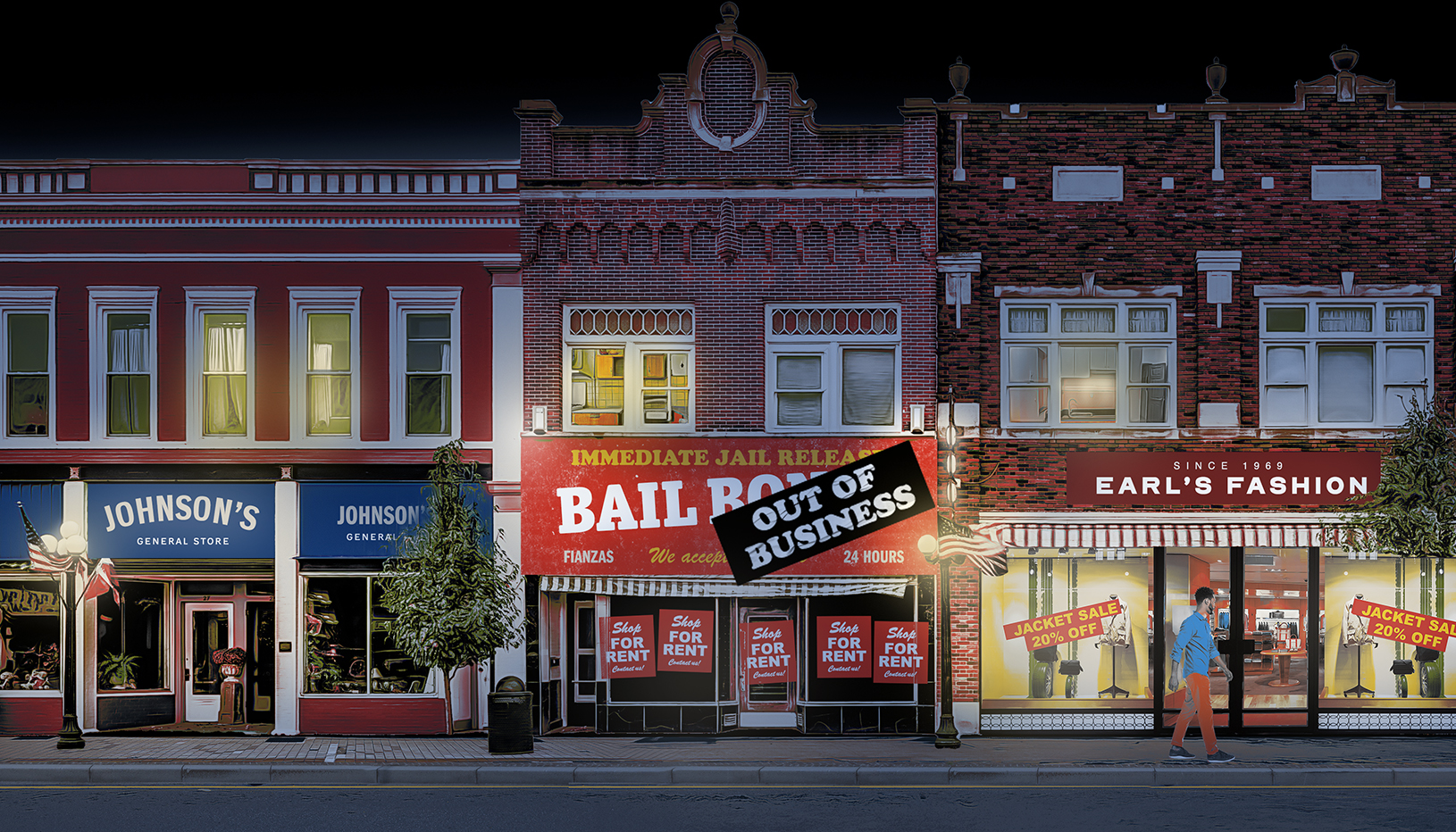 Graphic of "out of business" sign on a bail bonds office