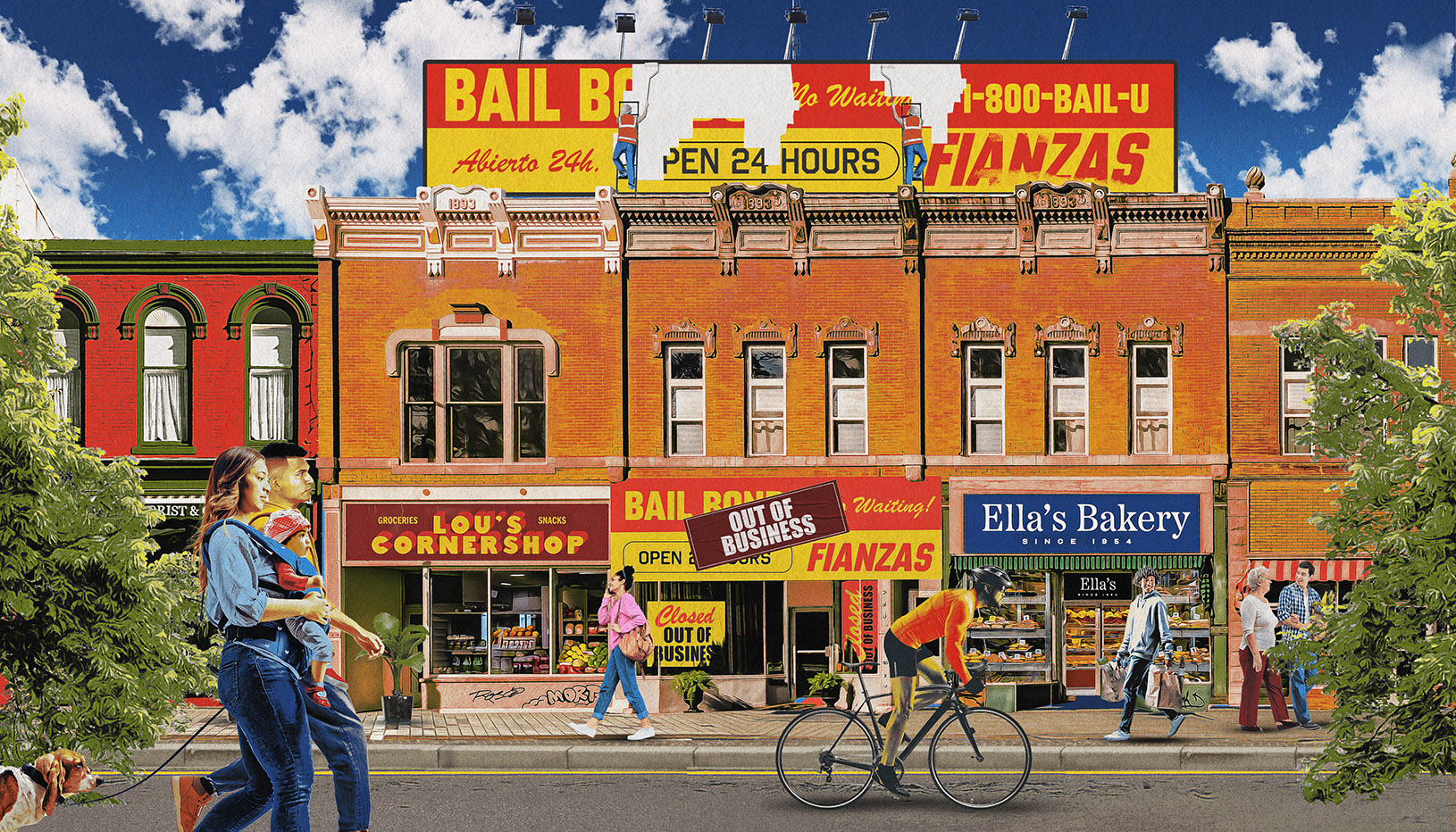 Illustration of a bustling city street with a bail bonds storefront going out of business.