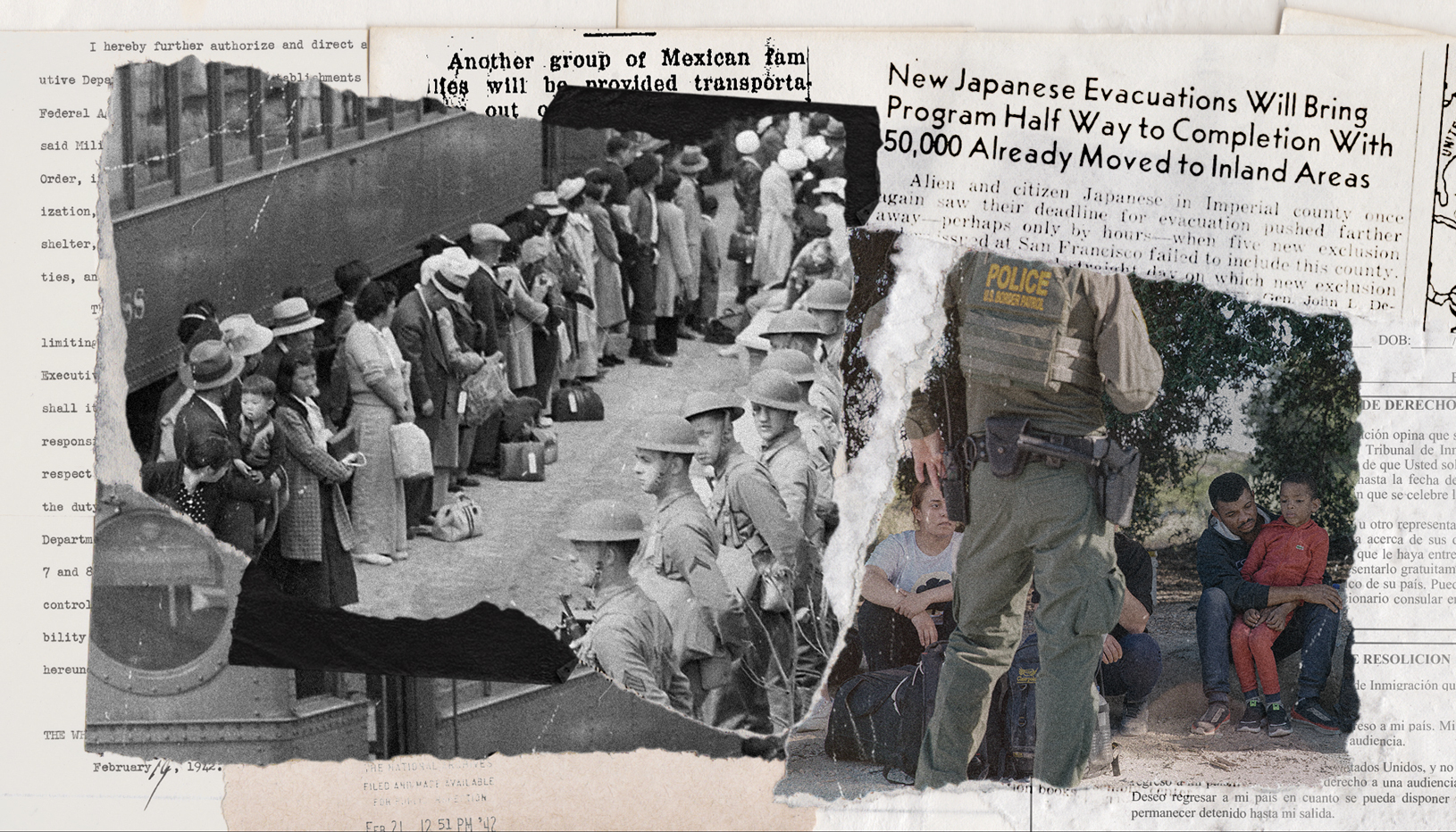 Collage of images of World War II internment and modern-day migrant detentions