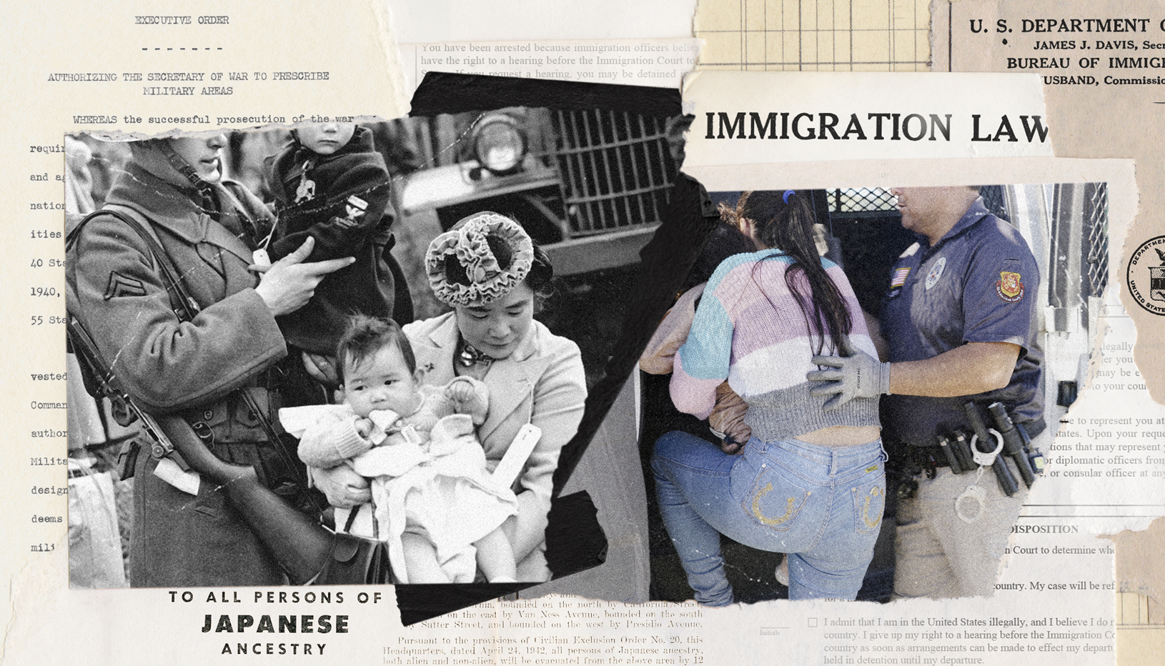 Collage illustration depicting immigration enforcement