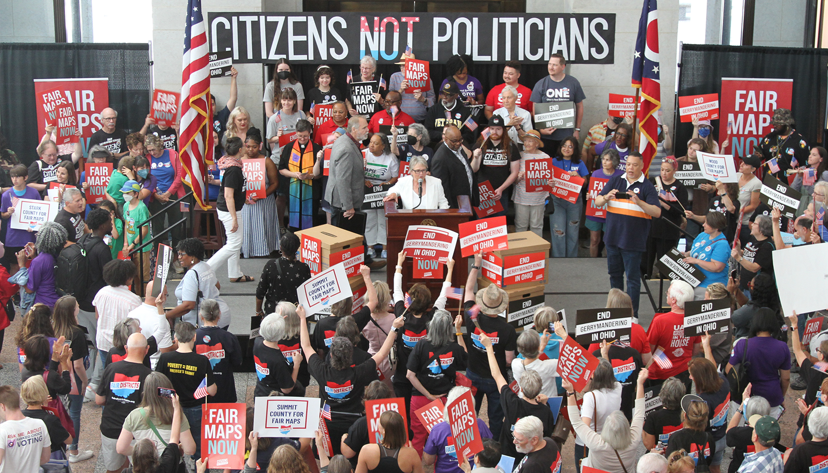 Ohio voters gather in the statehouse atrium, attending a Citizens Not Politicians rally for fair maps in the state, July 1, 2024.