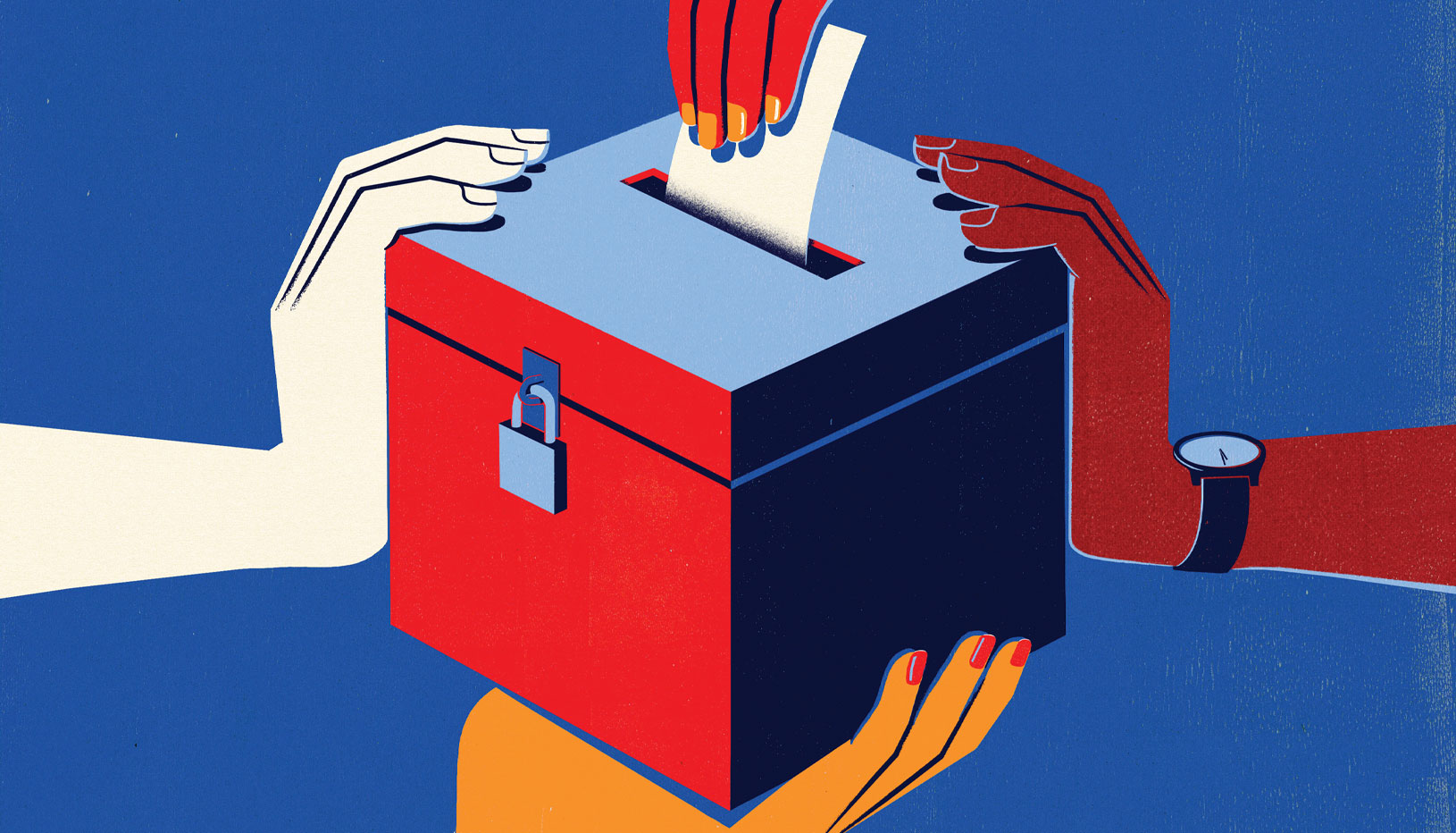 Illustration of three hands holding a ballot box as a fourth hand slips a ballot through the slot on top.