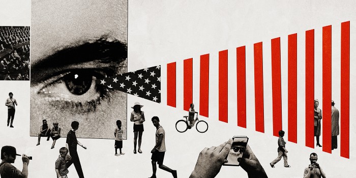 Collage with eye, flag and people: Countering Violent Extremism