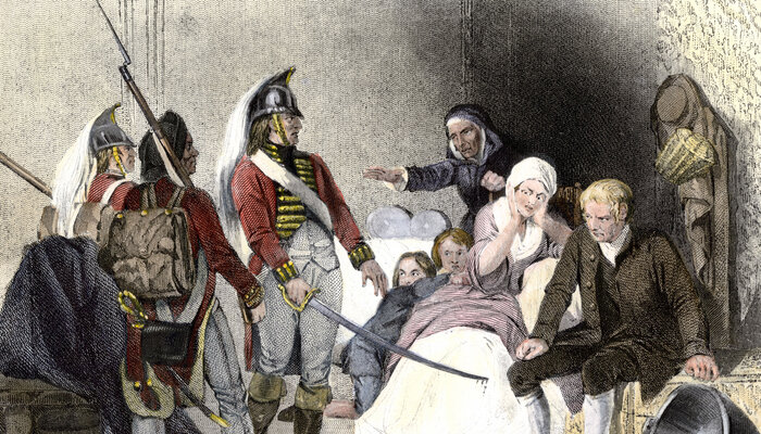 British soldiers quartered in an American colonial home 1770s. Hand-colored engraving