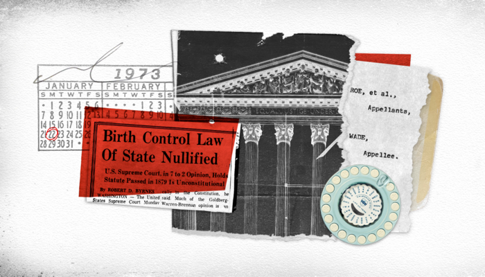 A collage of news clippings and photos related to Roe v. Wade