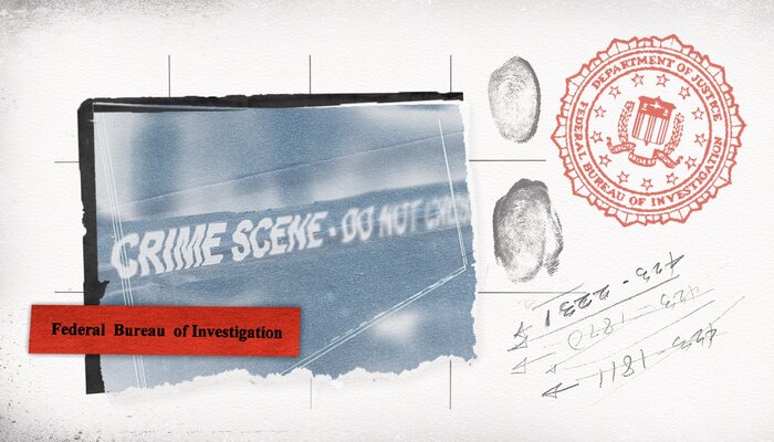 Graphic of crime scene tape, FBI stamp, and fingerprints