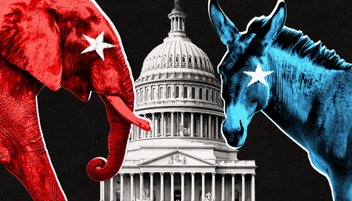 Photo illustration of Capitol flanked by elephant and donkey