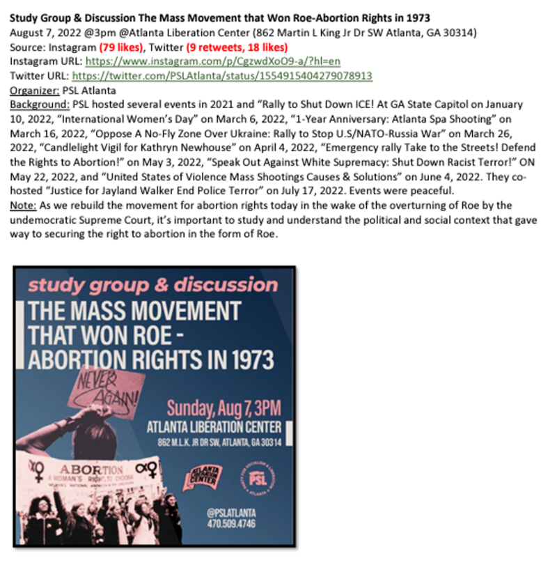 The APD intelligence report targets a study group to talk about the history of social organizing for abortion rights. It describes other events, such as a vigil and rally, by the organizer, which it notes “were peaceful.”
