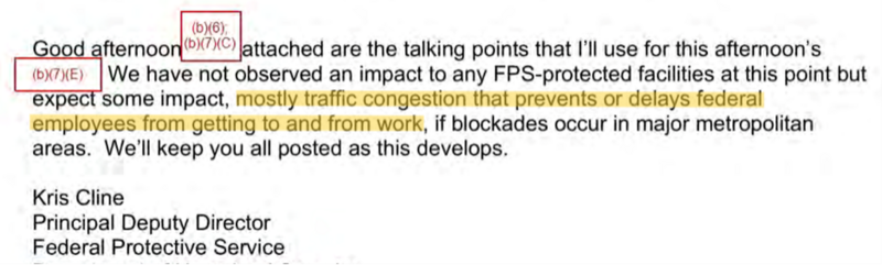 Excerpt of email from a senior FPS official regarding traffic delays. Source: Federal Protective Service, via Jason Leopold, emphasis added by the Brennan Center.