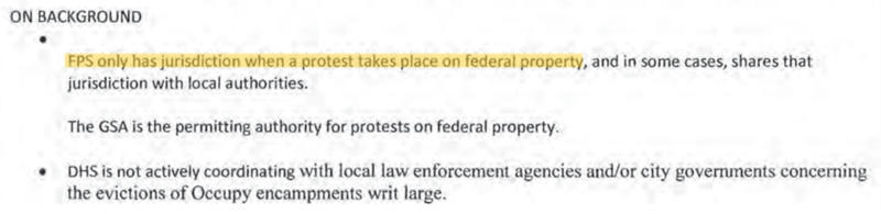 FPS media talking points about its limited jurisdiction. Source: Department of Homeland Security, via Jason Leopold, emphasis added by the Brennan Center.