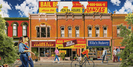 Illustration of a bustling city street with a bail bonds storefront going out of business.