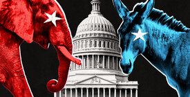 Photo illustration of Capitol flanked by elephant and donkey 