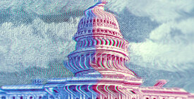 Distorted illustration of the Capitol Building in blue and red