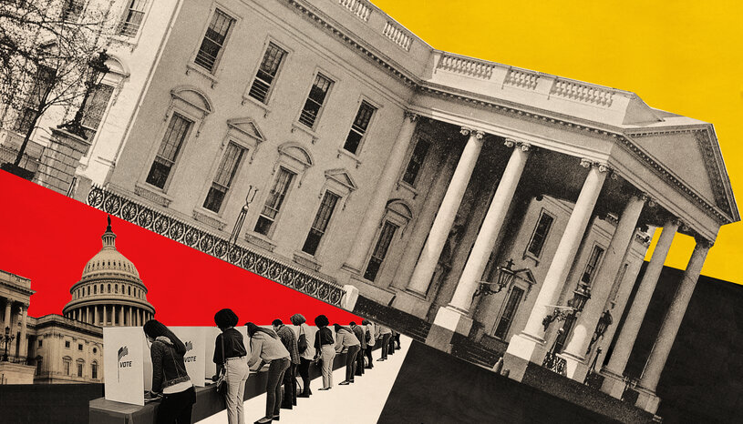 Democracy Futures Project illustration of the White House, Capitol building, and voters in voting booths.