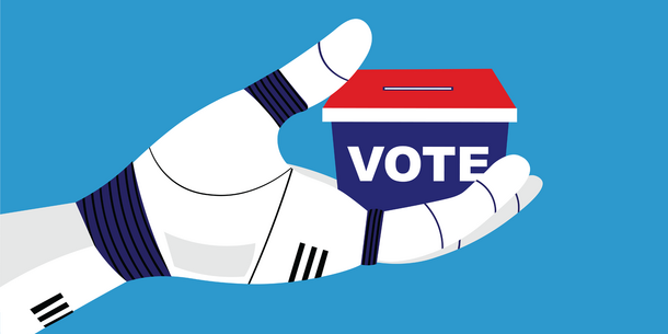robot hand holding a voting box