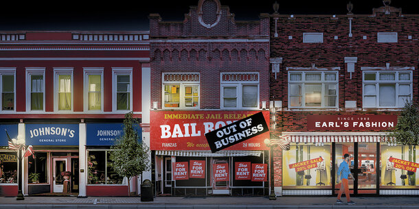 Graphic of "out of business" sign on a bail bonds office